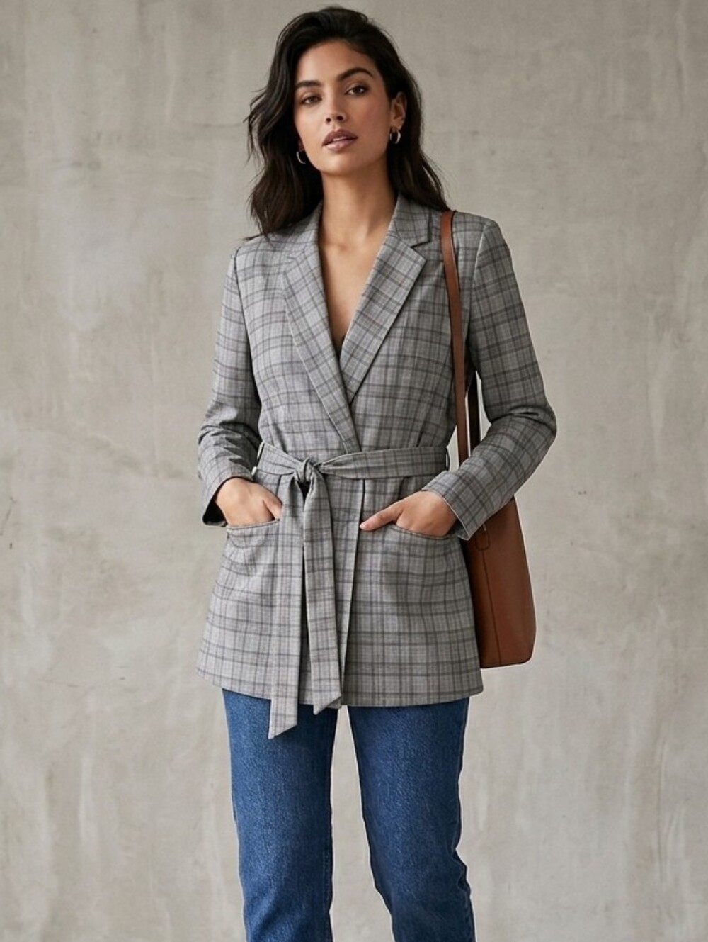 Carolina Belle Blazer In Gray & Burgundy Tartan Plaid With Open Front & Tie Belt